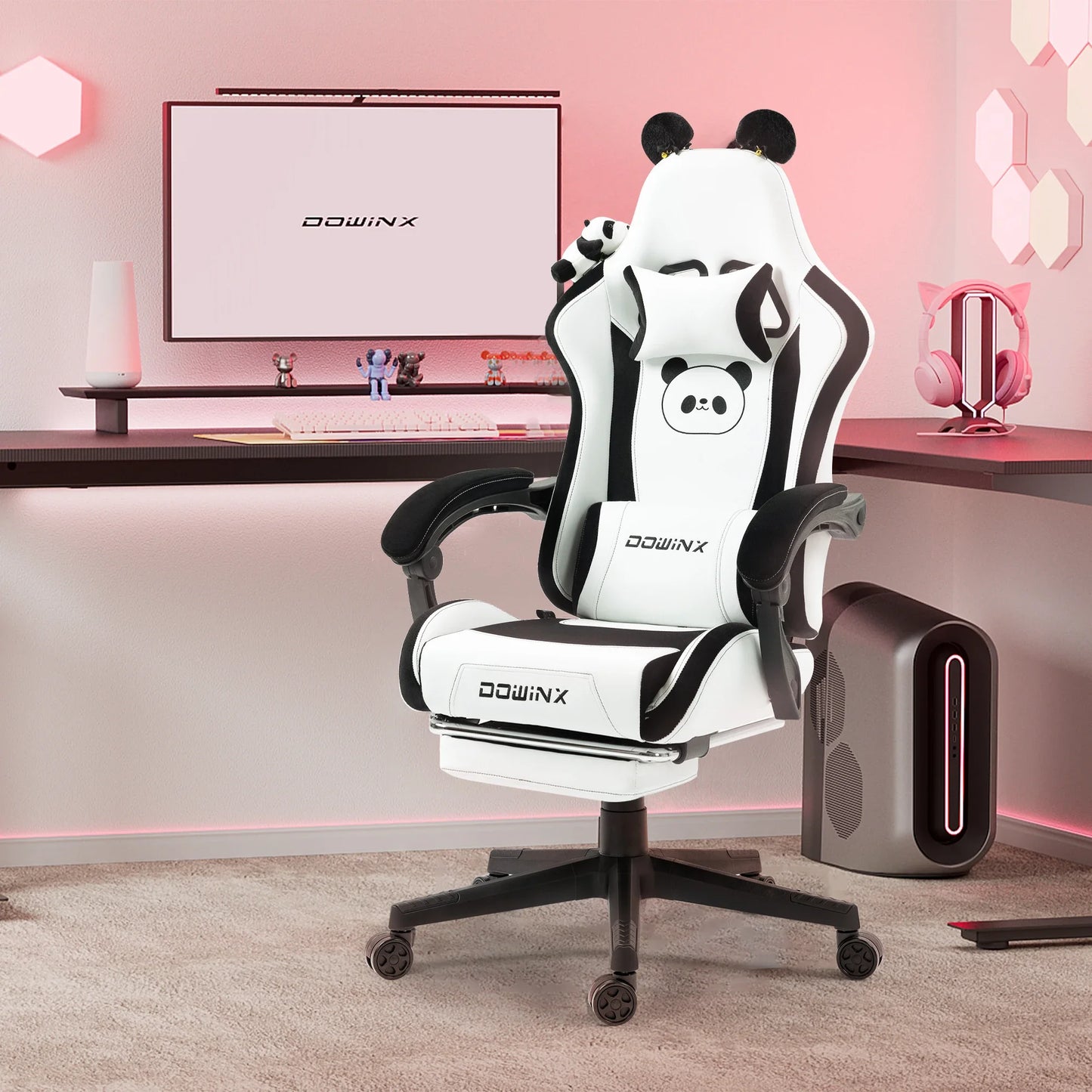 Cute Gaming Chair with Cat Ears, Pink Kawaii Ergonomic Gamer Chair with Footrest, Cat Paw Lumbar Support, High Back Computer Gaming Chair