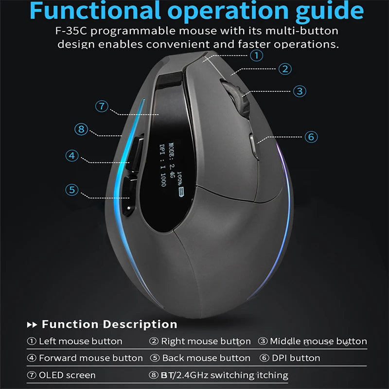 Mouse verticale wireless ricaricabile con display, ergonomico, 6 pulsanti programmabili, gaming per gamer desktop