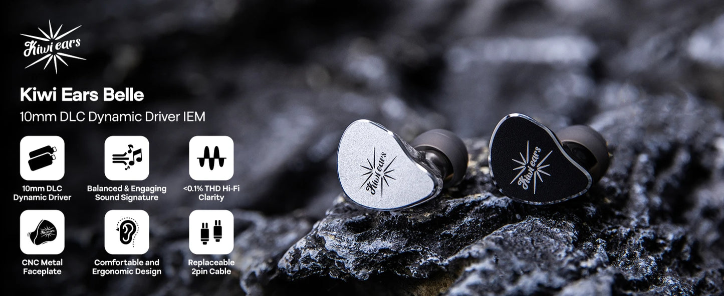 Linsoul Kiwi Ears Belle HiFi Earphones 10mm DLC Dynamic Driver IEM Wired Earbuds, Precision Sound Signature In-Ear Monitor for Audiophile Music & Gaming