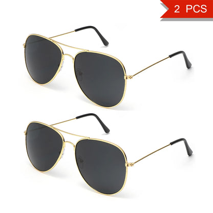 2 PCS Classic Aviator Sunglasses Gold Metal Frame UV100 Protection Trendy Eyewear For Men Women Daily Driving Outdoor Activities