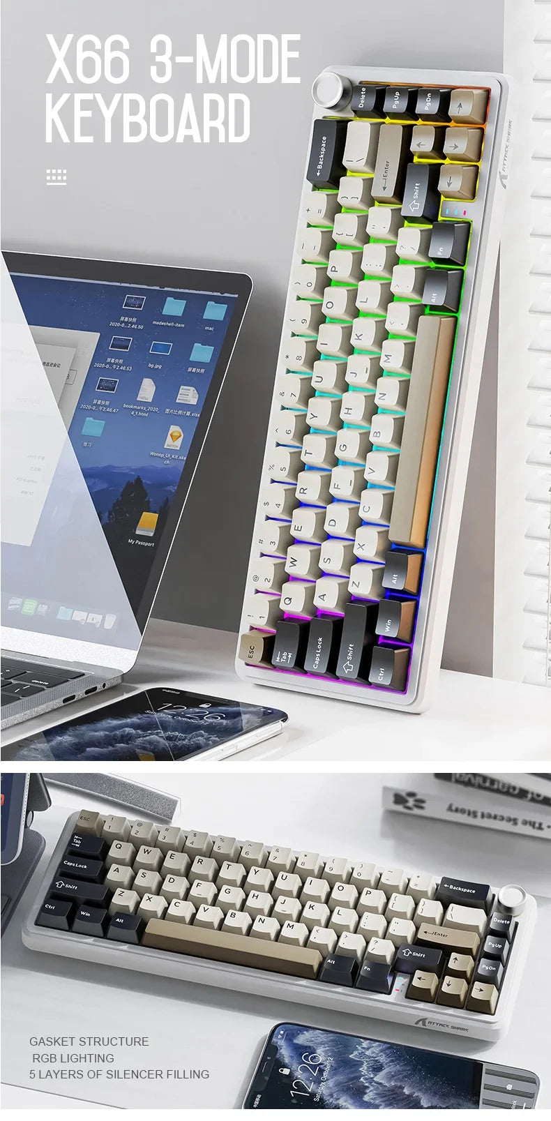 Attack Shark X66 Wireless Mechanical Keyboard 65% Compact Layout RGB Backlight Gasket Hot Swap Bluetooth USB-C PBT Large battery