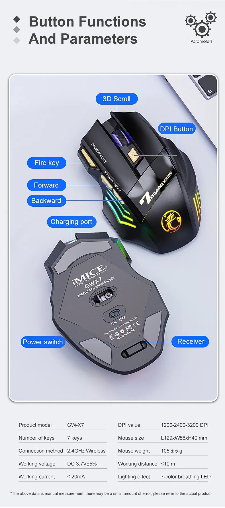 Ratón gaming inalámbrico USB IMICE GW-X7 3200DPI de doble modo, recargable, 7 teclas, 2.4Ghz, silencioso, Bluetooth, LED de respiración de 7 colores