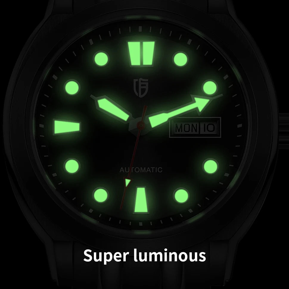 BERNY Automatic Men Watch Supper Luminous Sapphire Stainless Steel 100M Waterproof Business Casual Mechanical Wristwatch for Men