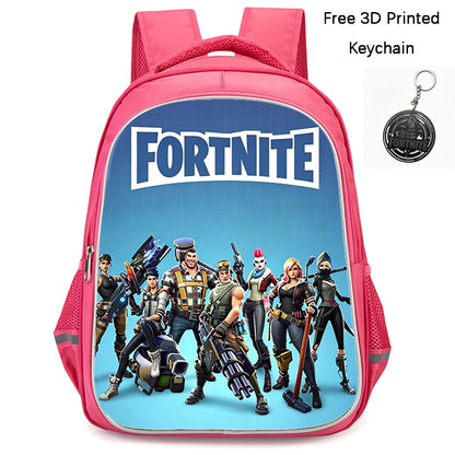 FORTNITE 16-inch Durable Lightweight Backpack, Dual Zipper Pockets, Cartoon Style for Boys & Girls 6-10,Free 3D Printed Keychain