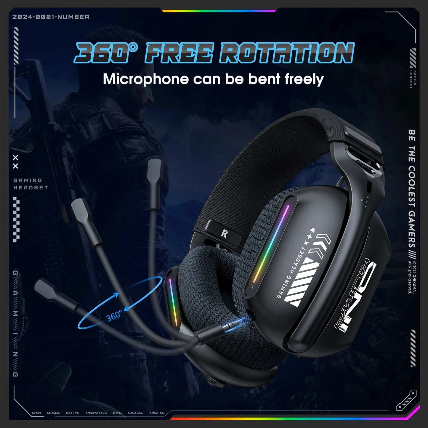 ONIKUMA GT828 Wireless Gaming Headset Bluetooth 5.3 RGB Headphones with Mic, Noise Cancelling, 4-Mode Connection for PC, PS5 & Laptop