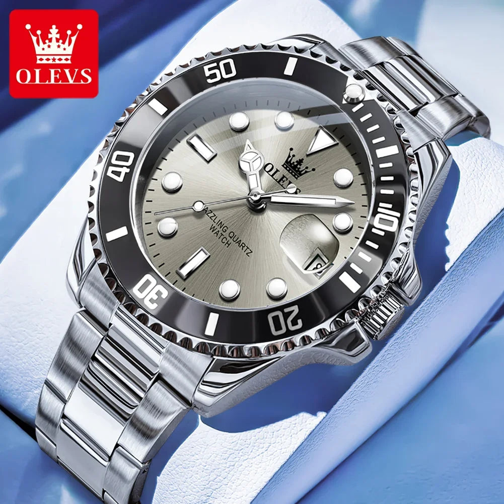Montre pour homme OLEVS 5885 – Modèle authentique, bracelet en acier, calendrier, mouvement à quartz, livrée dans un coffret cadeau de luxe