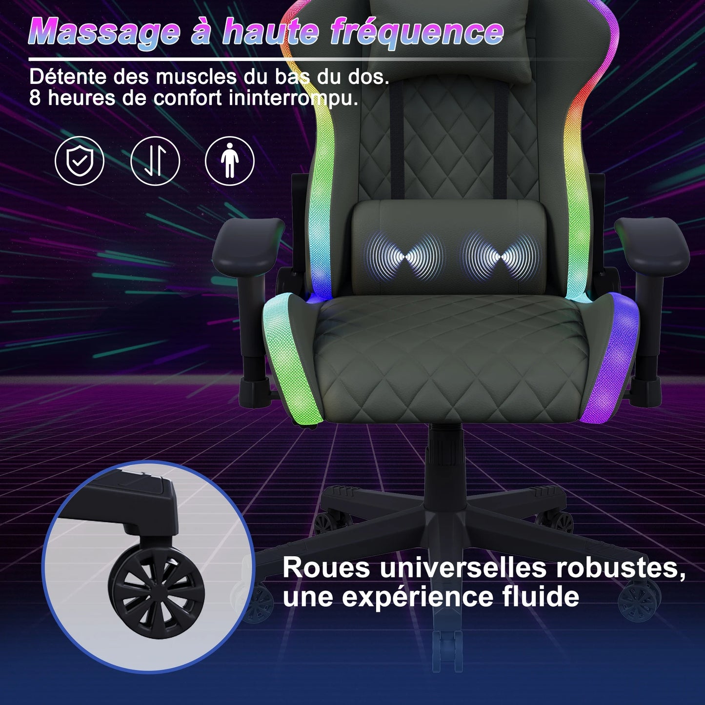 Ergonomic Office Chair with Lumbar Massage, RGB LED Lighting, Reclining Backrest, Adjustable Armrests Gaming Desk Chair for Home Office