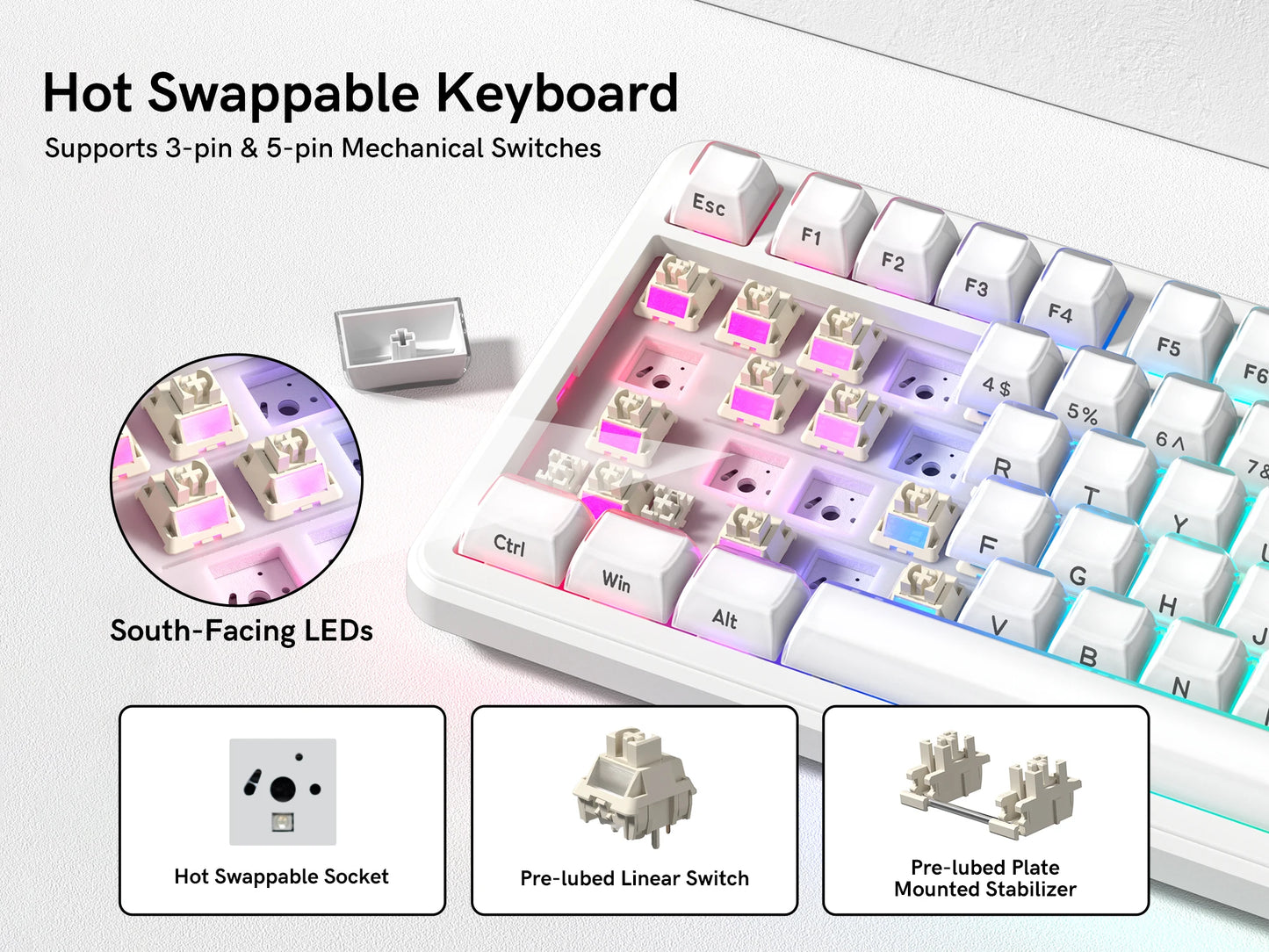 Womier L75 White Crystal Wireless Gaming Keyboard Tri-Modes Hot-Swappable Customized RGB Backlight Mechanical Keyboard Gasket