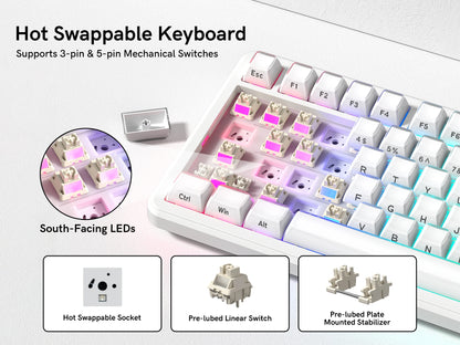Womier L75 White Crystal Wireless Gaming Keyboard Tri-Modes Hot-Swappable Customized RGB Backlight Mechanical Keyboard Gasket