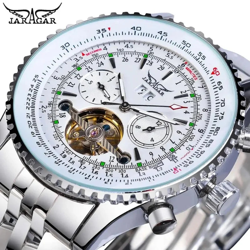 Luxusní retro automatické mechanické hodinky JARAGAR 034, tourbillon, vyprázdněná skeletová konstrukce, nerezová ocel, týdenní kalendář, pánské hodinky