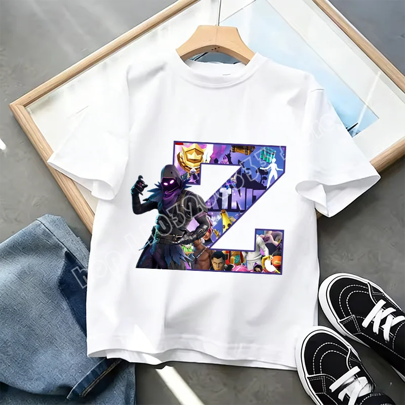 Fortnite A-Z Alphabet Print T Shirt Summer Kids White Clothing Popular Cartoon Game T Shirt Fashion Casual Short Sleeve Top Gift