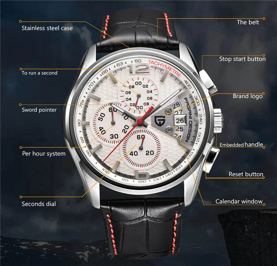 PAGANI DESIGN PD-3306 Multi Functional Waterproof Sport Men's Chronograp Watch Leather Quartz Military Watches Relogio Masculino