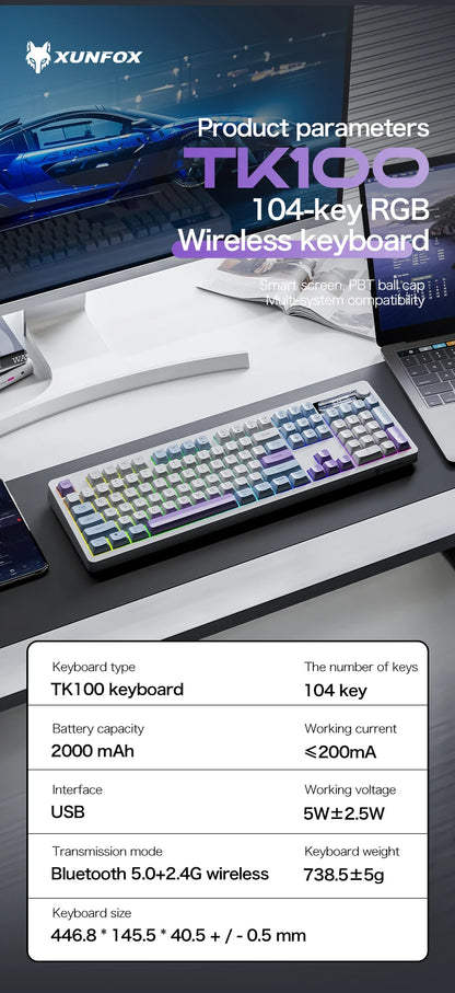 XUNFOX TK100 Bluetooth Wireless Dual-Mode Keyboard, 98-Key RGB Wireless Gaming Keyboard with Rechargeable Battery for Desktop, Laptop & Office