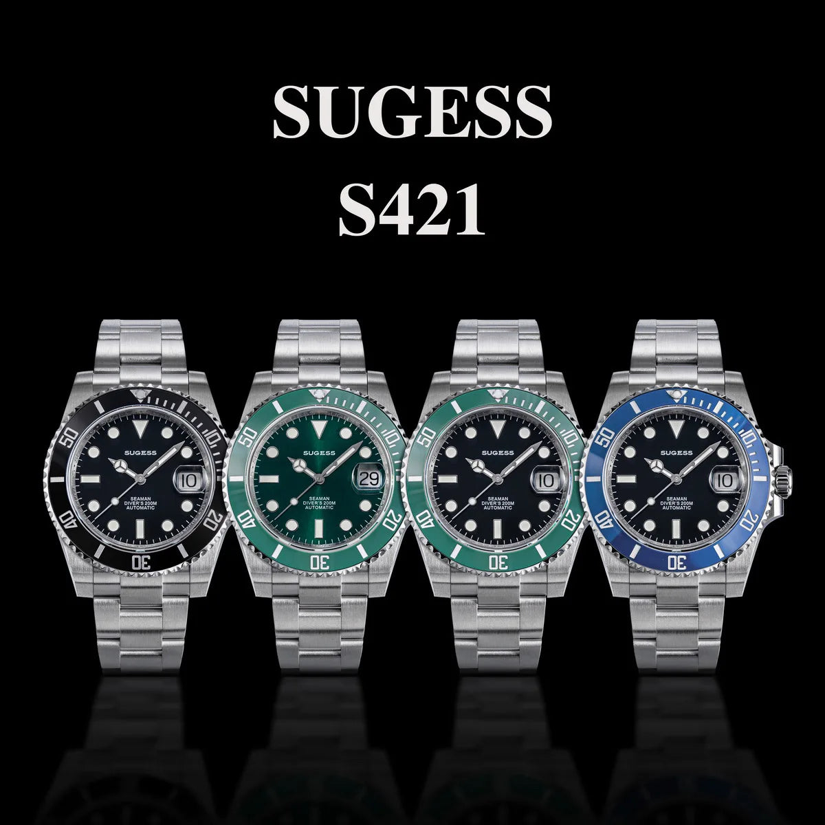 Sugess Men of Watch Automatic Mechanical ST2130 Movement Wristwatches 200M Water Resistant Sapphire Crystal Adjust Clasp S421