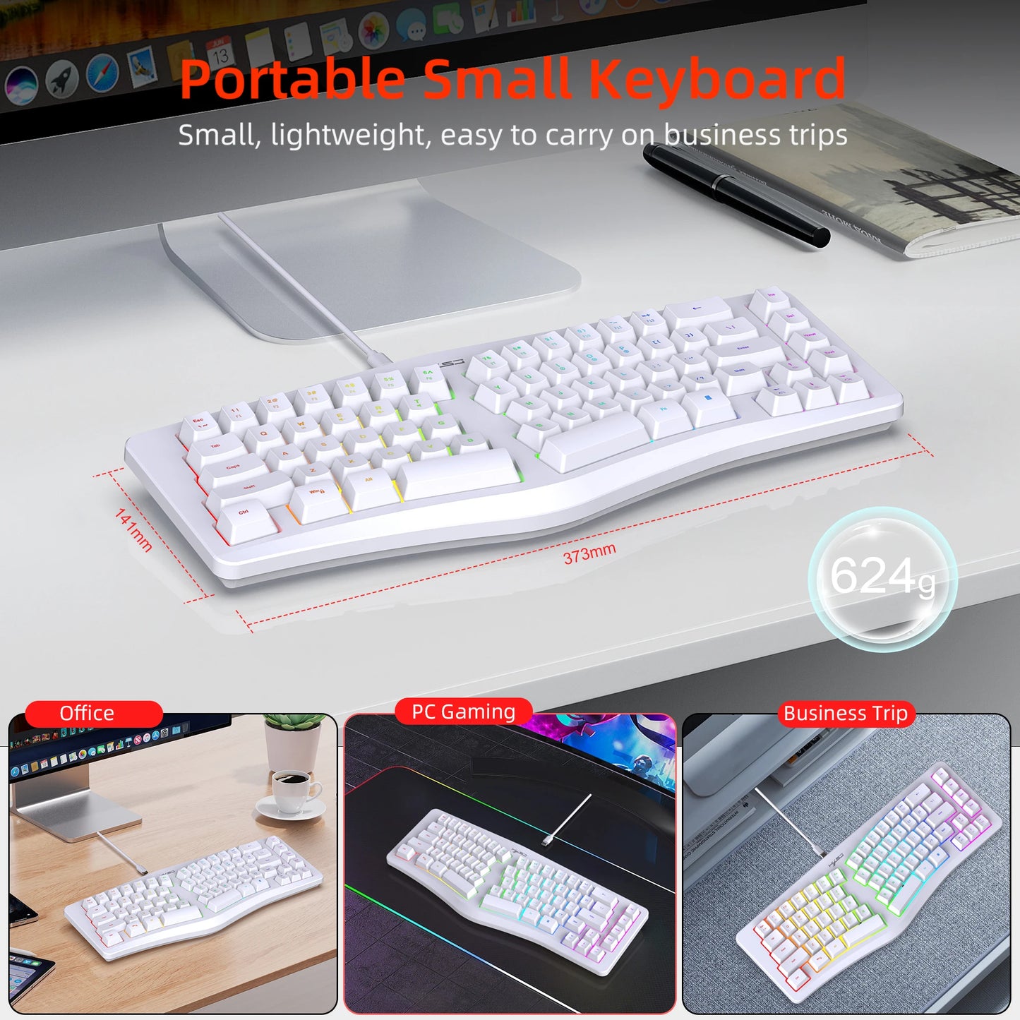 69 Key Wired Ergonomic Gaming Keyboard Silent Irregular RGB Backlit Keyboard for Windows Linux Home Office Game PC