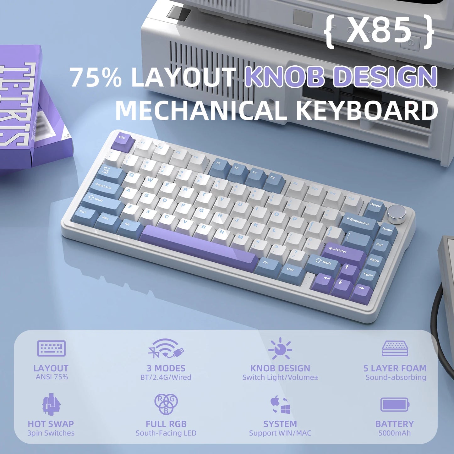 ATTACK SHARK X85 Tri-mode Gasket 75% Mechanical Keyboard with CNC Knob, 5-Layer Padding, Hot Swappable, RGB Backlight, NKRO