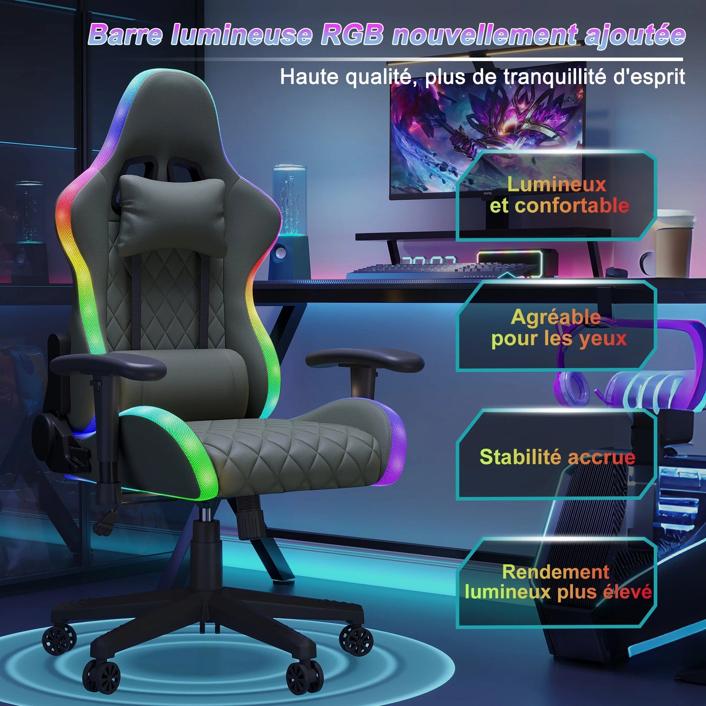 Ergonomic Office Chair with Lumbar Massage, RGB LED Lighting, Reclining Backrest, Adjustable Armrests Gaming Desk Chair for Home Office