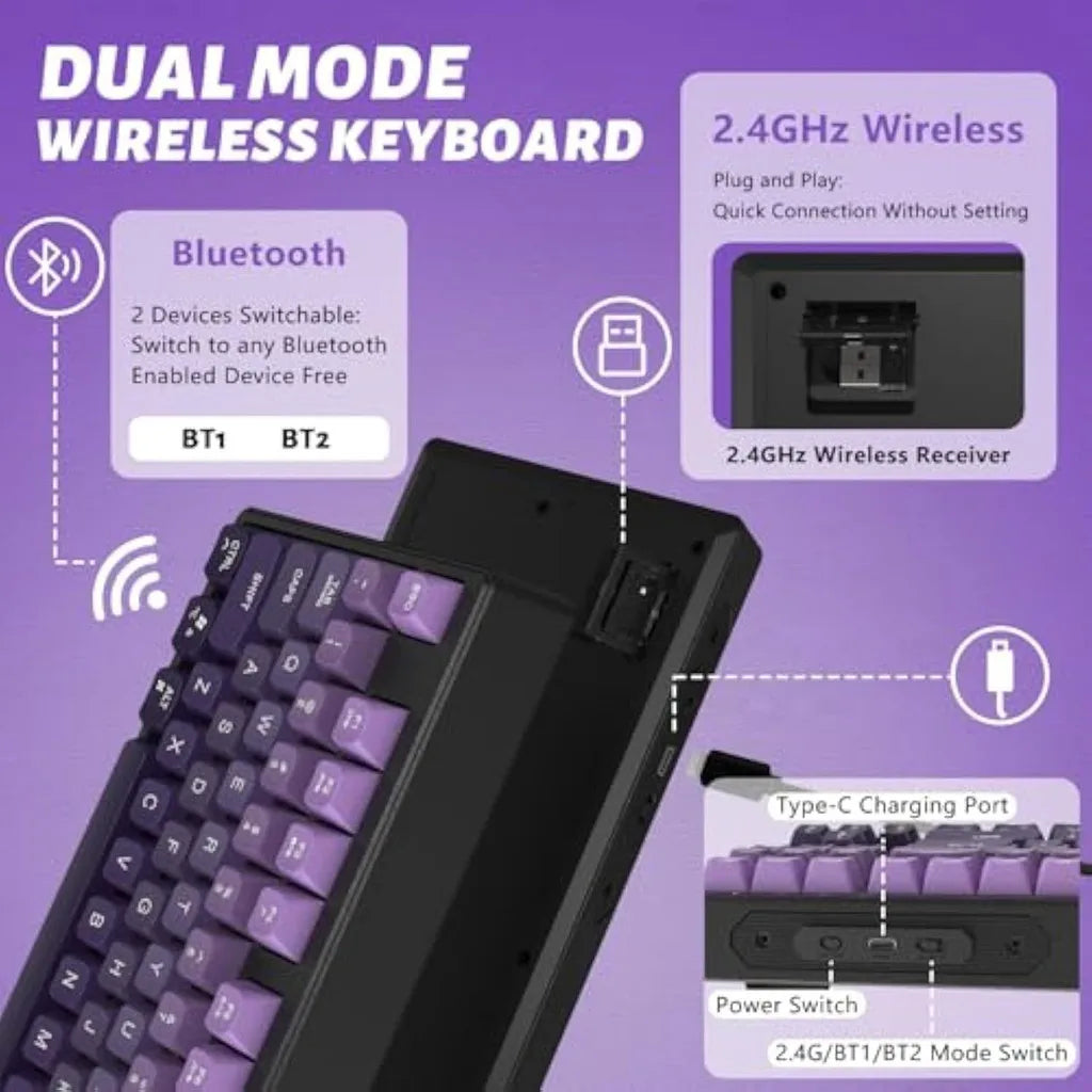 Free Wolf M87 75% Wireless Gaming Keyboard - Silent Switches, Rainbow Backlit, BT/2.4G, PBT Gradient Keycaps, Compact Design