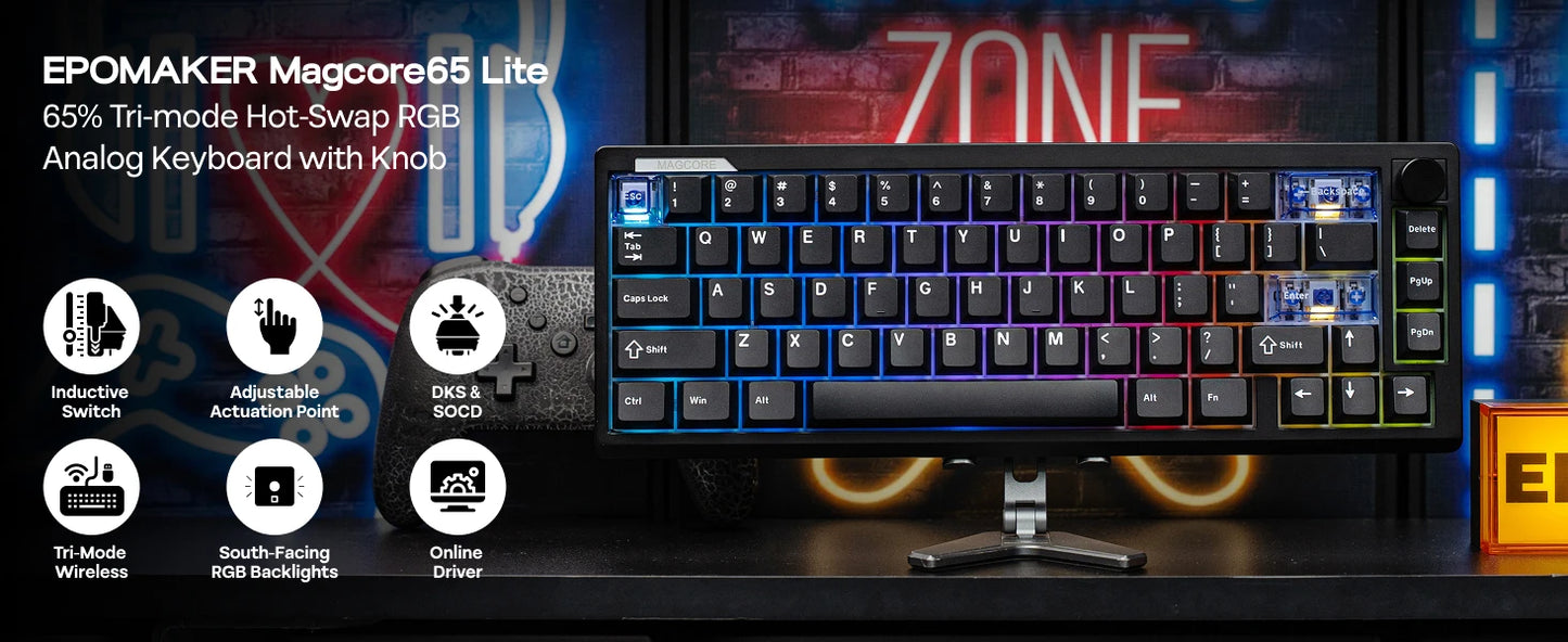 EPOMAKER Magcore65 Lite 65% US QWERTY Layout Wired/BT/2.4Ghz Wireless Mechanical Gaming Keyboard 8K Polling Analog Switch