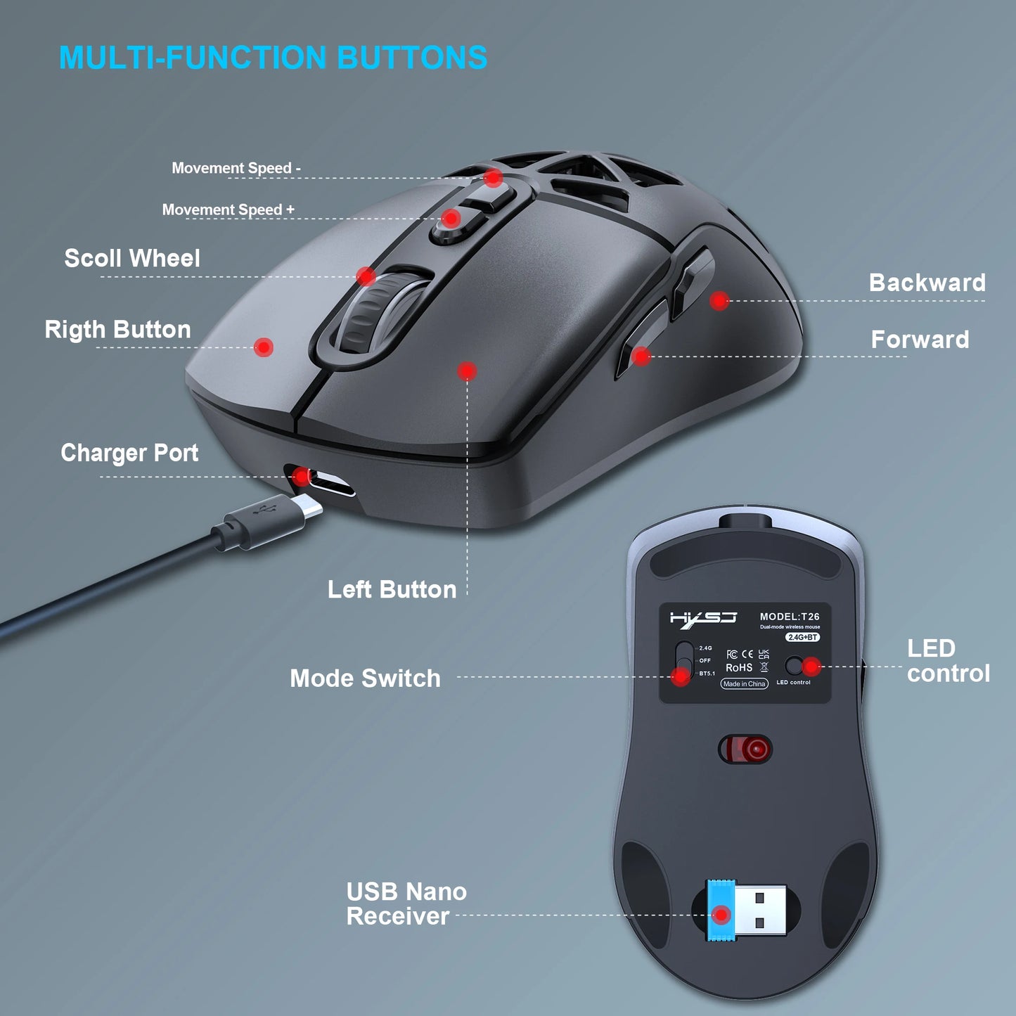 HXSJ T26 Dual Mode Gaming Mouse 2.4G+BT5.1 Wireless Mouse Gaming for Laptop 4800DPI Adjustable Ergonomic Optical Computer Gamer