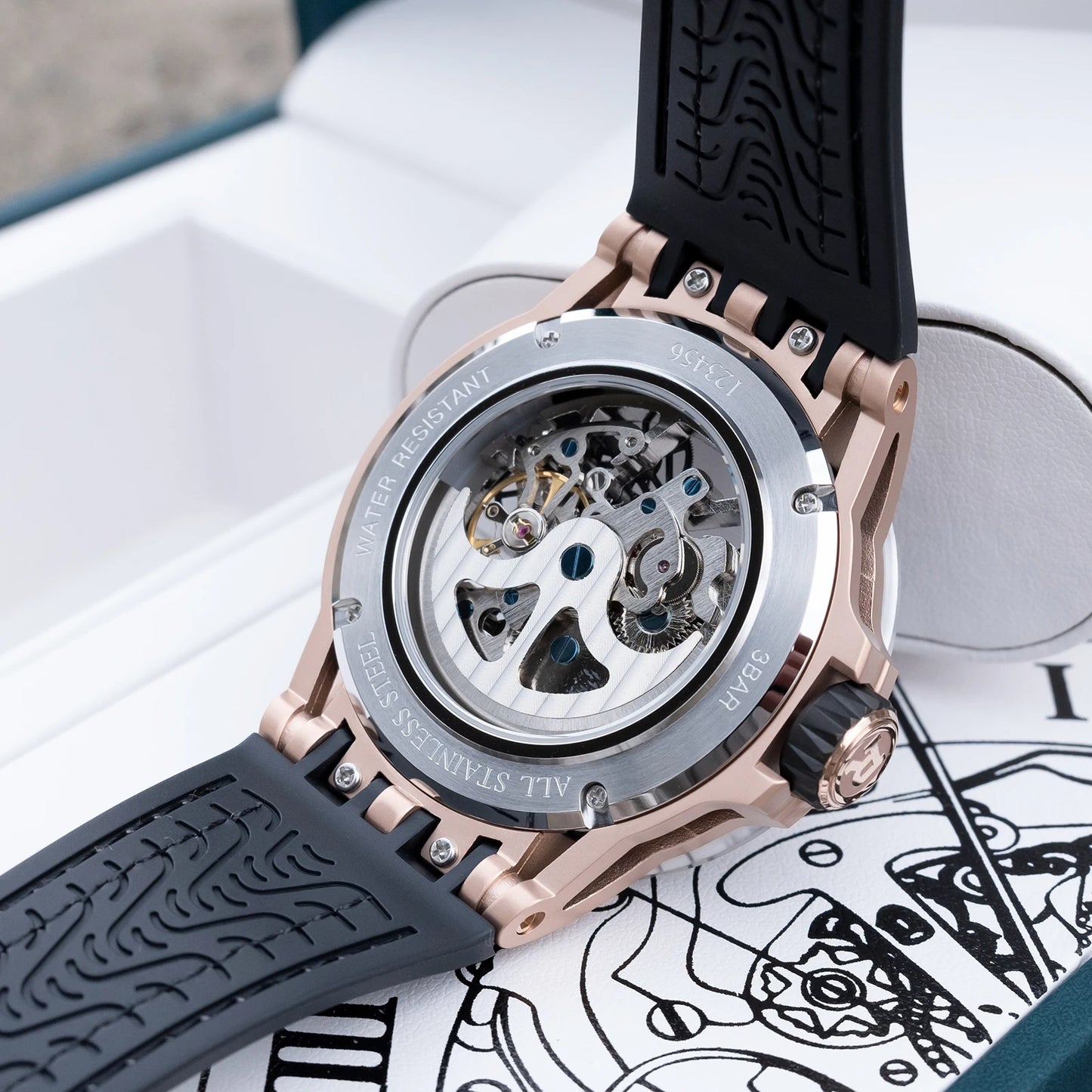 OBLVLO Men's Two Tone Big Skeleton Dial Mechanical Automatic Watch Luminous Waterproof Rubber Band Machinery Clock RD-903