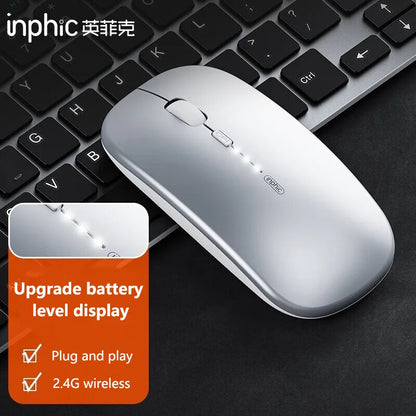Inphic M1P Wireless Silent Mouse, Ultra-Thin Rechargeable 2.4G Office Mouse with USB Receiver, Type-C Charging, Battery Display & DPI Control