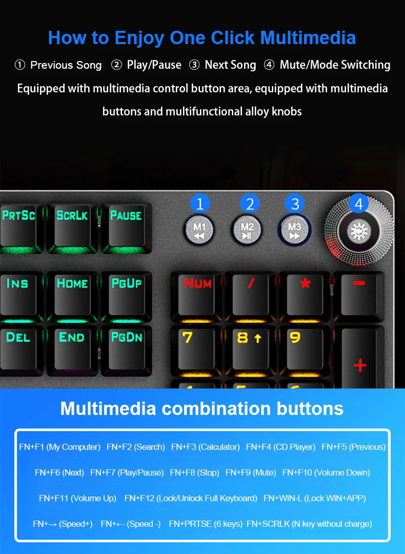 AULA F2088 Mechanical Keyboard Wired Gaming Keyboard Multi-Function Knob 104 Keys Magic Backlit Keyboard Macro Programming Compu