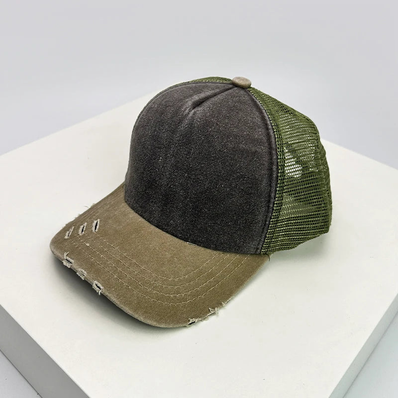 New Unisex Color Block Broken Style Baseball Hats Distress Breathable Mesh Sunshade Retro Trucker Caps Versatile Simple Fashion