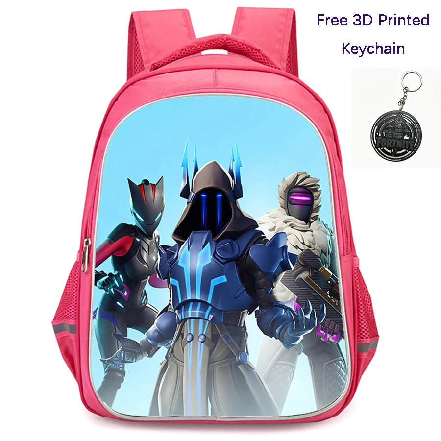 Mochila FORTNITE de 16 polegadas, resistente e leve, bolsos duplos com fecho, estilo cartoon para rapazes e raparigas dos 6 aos 10 anos, porta-chaves 3D impresso grátis