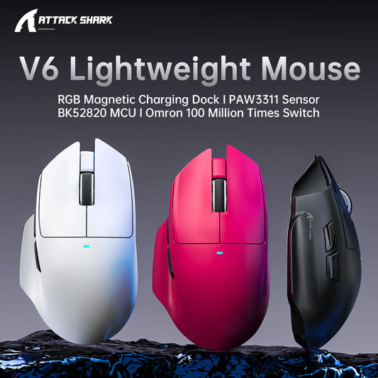 ATTACK SHARK V6 Wireless Gaming Superlight Mouse with RGB Magnetic Charging Dock, PAW3311 Sensor, Macro Gaming Mouse
