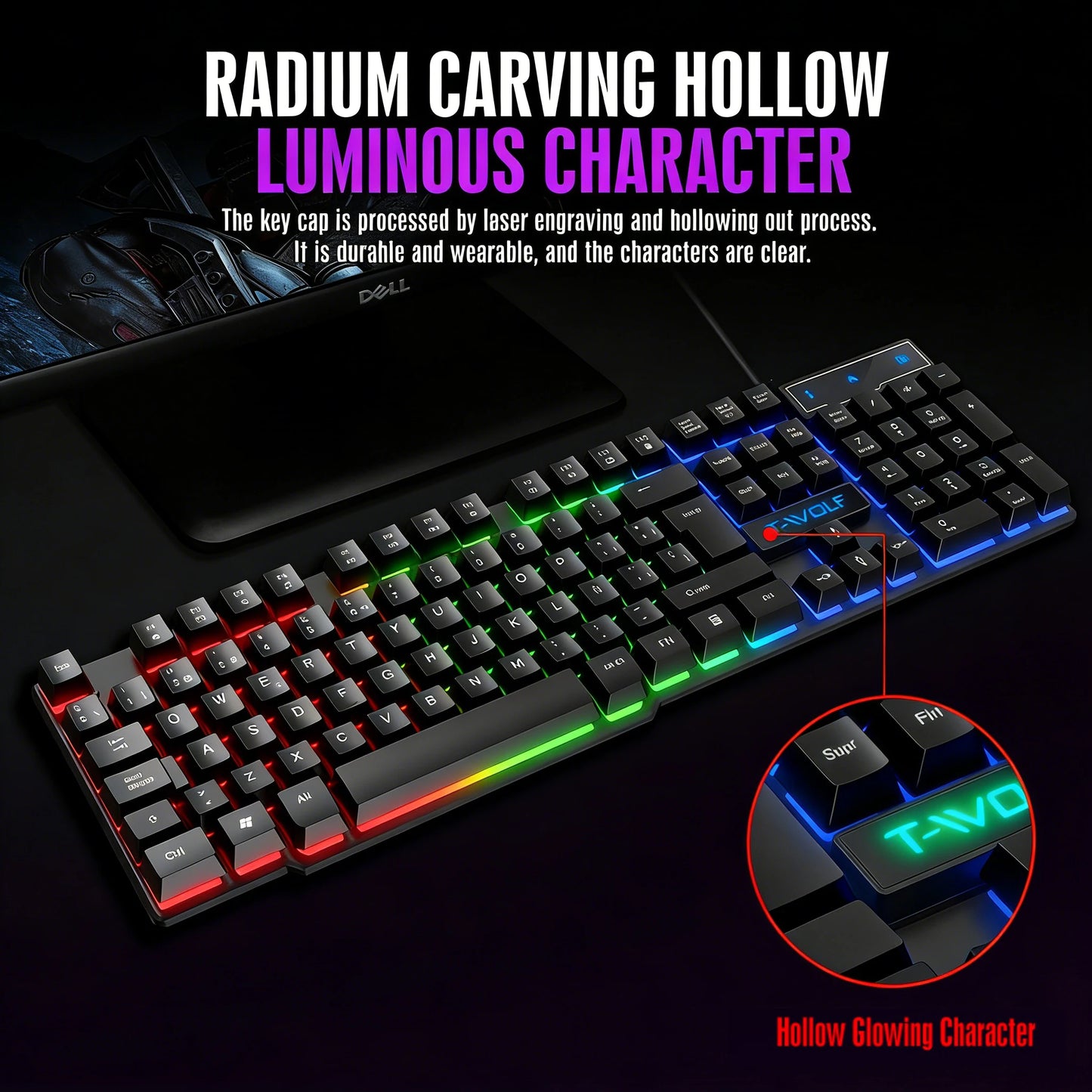 Teclado gaming con sensación mecánica, retroiluminación RGB, teclado con cable USB para oficina y hogar, teclas multimedia, ruso, español, árabe e inglés