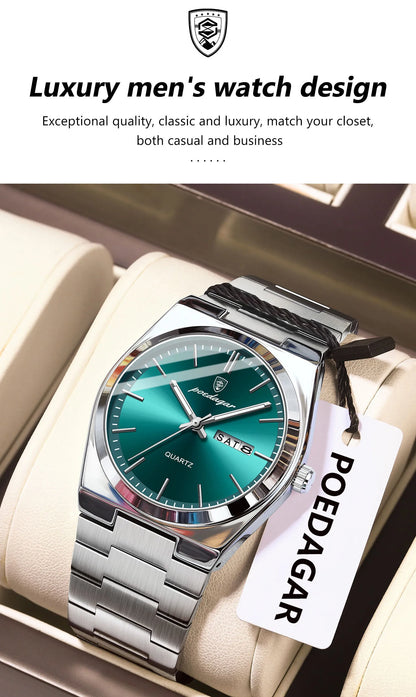 POEDAGAR Fashion Men Watch Waterproof Luminous Date Week Men's Watches Stainless Steel Functional Man Quartz Watch with Gift Box