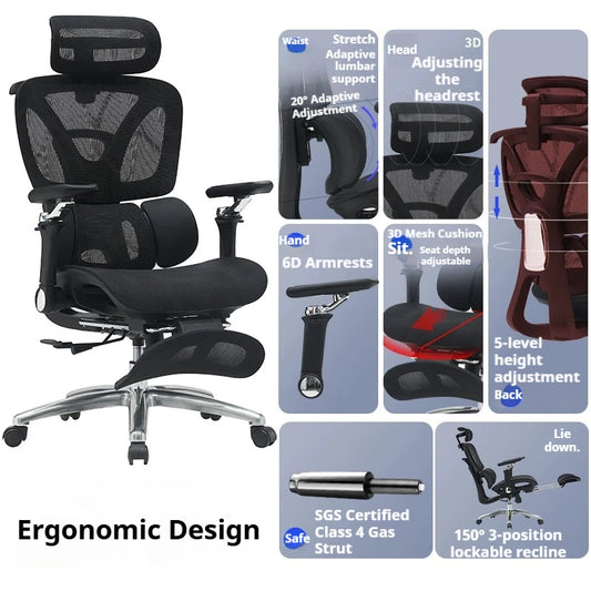 Ergonomic Office Chair with Lumbar Support, Adjustable Headrest, Mesh Seat, Footrest, Reclining Desk Chair for Home Office & Work