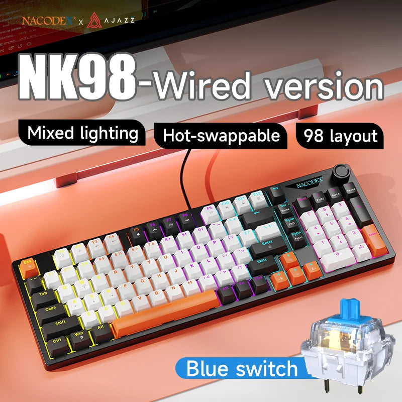 AJAZZ NK98 Wired Mechanical Keyboard: Full-Key Hot-Swap, 98-Key Layout for Precise Performance; Wired, Stable Control, Multi-System Compatibility; Windows Vista/XP/7/8/10/17, Mac: Wired connection for stable control and low l