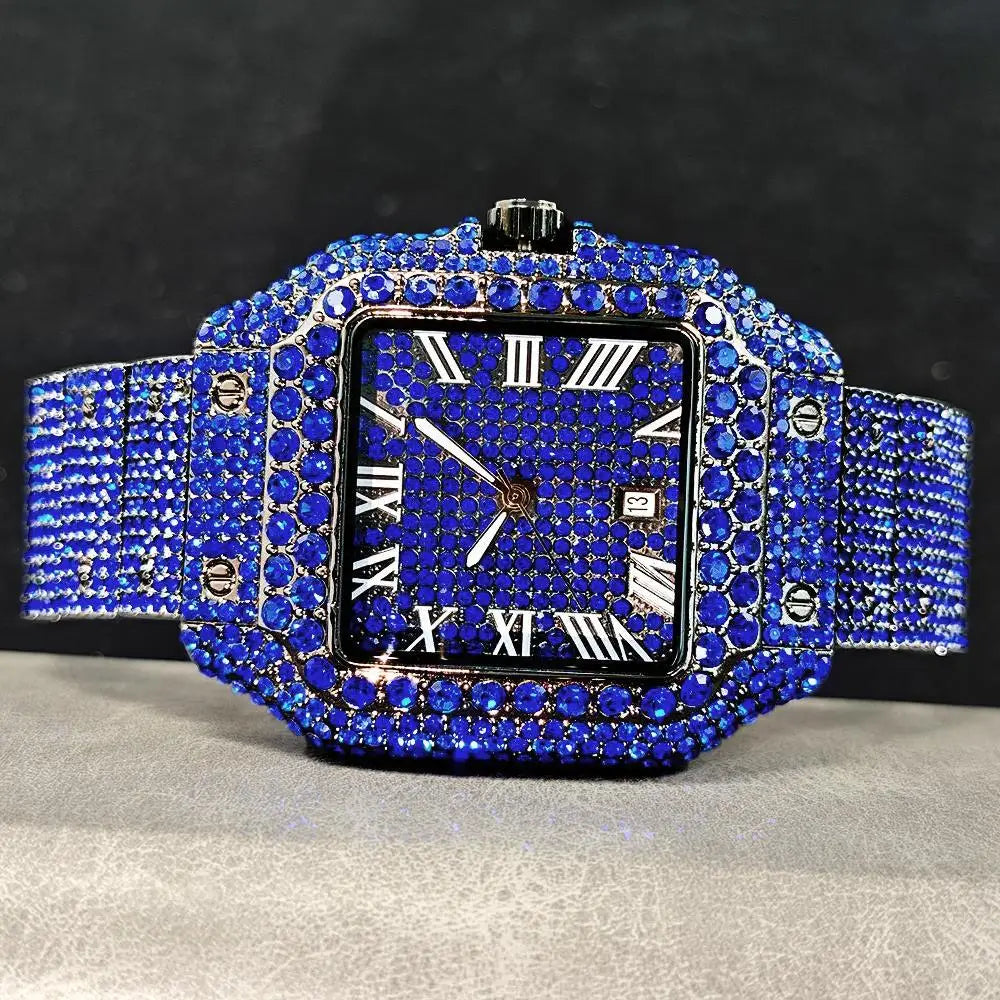Green Diamond Watch For Men Brand UNIGUET Fashion Roman Literal Quartz Clock Man Hip Hop Iced Jewelry Square Wristwatch 2025 New