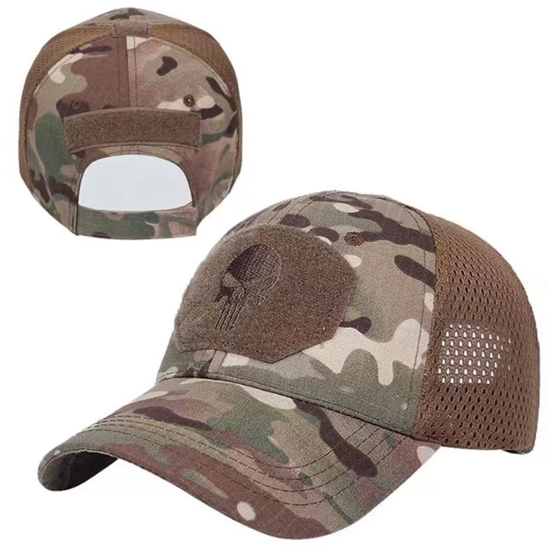 2024 New Summer Camouflage Skull Baseball Mesh Cap Adjustable Airsoft Outdoor Tactical Hiking Casquette Hats For Men Women