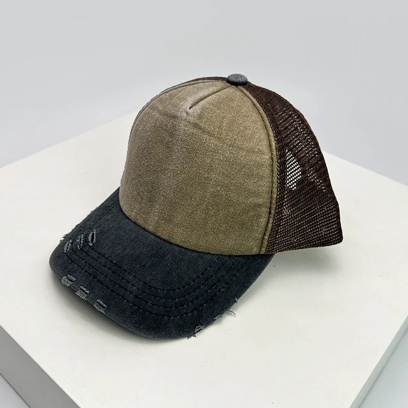 New Unisex Color Block Broken Style Baseball Hats Distress Breathable Mesh Sunshade Retro Trucker Caps Versatile Simple Fashion