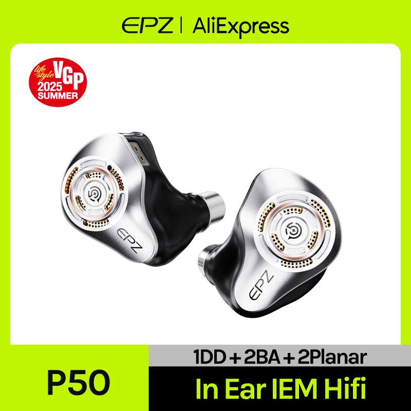 EPZ P50 Hybrid Driver HiFi IEM Earphones 1DD+2BA+2 Planar Drivers with 3.5mm/4.4mm Replaceable Plug & Silver-Plated Cable