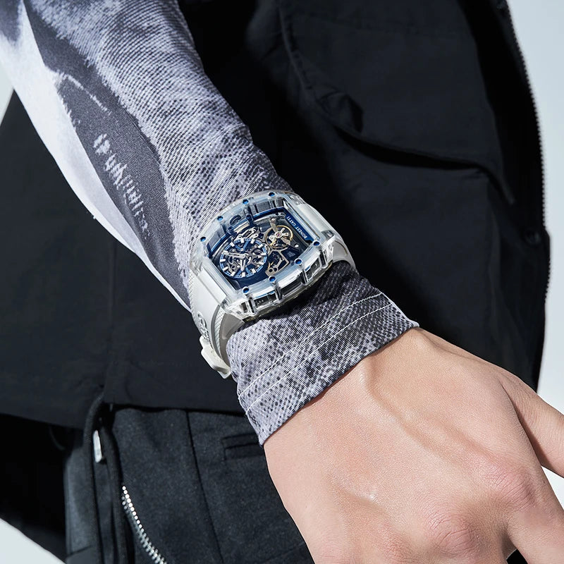 BONEST GATTI New Fully Automatic Men Watch Skeleton Mechanical Watch Rubber Black Band Luminous Barrel Shaped Men Watch