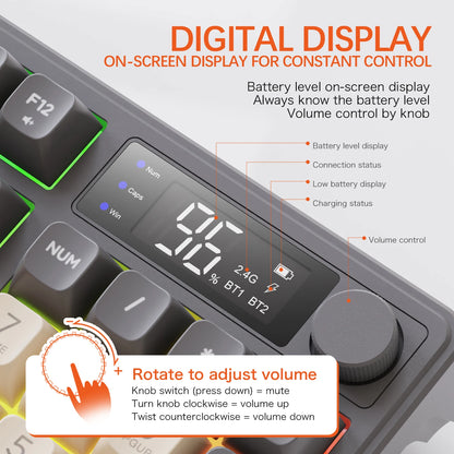 Tastiera wireless Bluetooth M96 FREEWOLF con display digitale, retroilluminazione RGB, batteria da 2000mAh e keycap PBT per PC/laptop