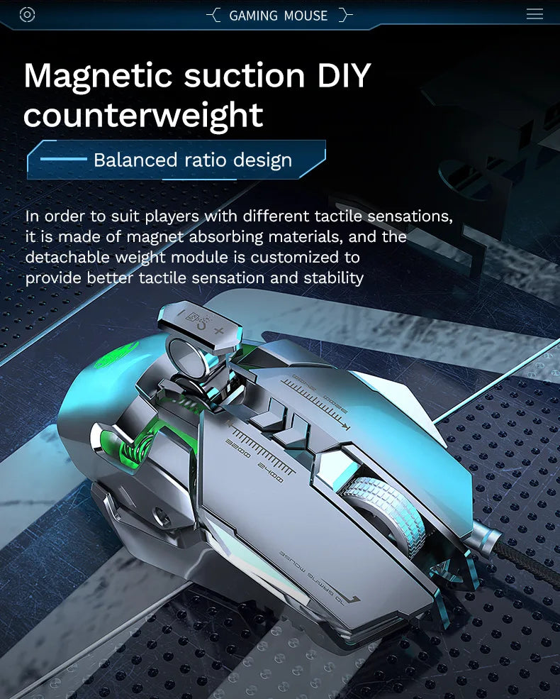 Mouse mecanic cu fir pentru PC gaming esports, RGB, 6400 DPI, atracție magnetică, contragreutate DIY