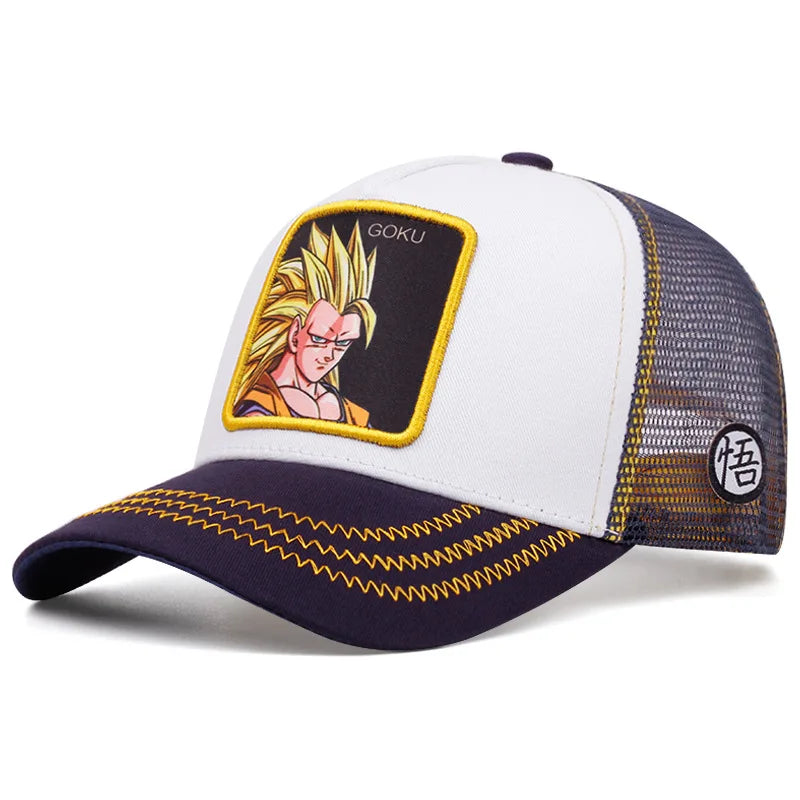 Casquette Dragon Ball Son Goku pour l'été : casquette de voyage à visière, pour homme, brodée, style hip-hop, visière pare-soleil, casquette trucker ajustable en maille
