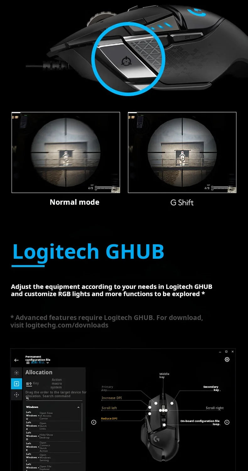 Logitech G502 HERO trådbunden gamingmus för e-sport, mekanisk mus med RGB-belysning, justerbar balans och programmerbara makron för Battle Royale