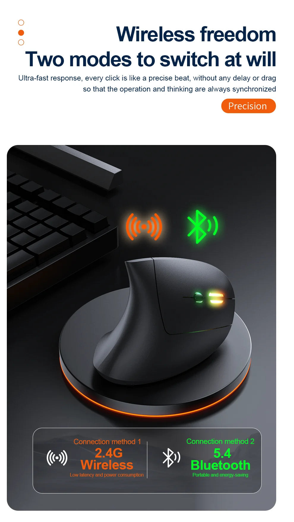 2.4G Bluetooth vezeték nélküli függőleges egér, újratölthető, ergonomikus, 1600DPI állítható gaming egér, 6 gombos, laptophoz, PC-hez és számítógéphez