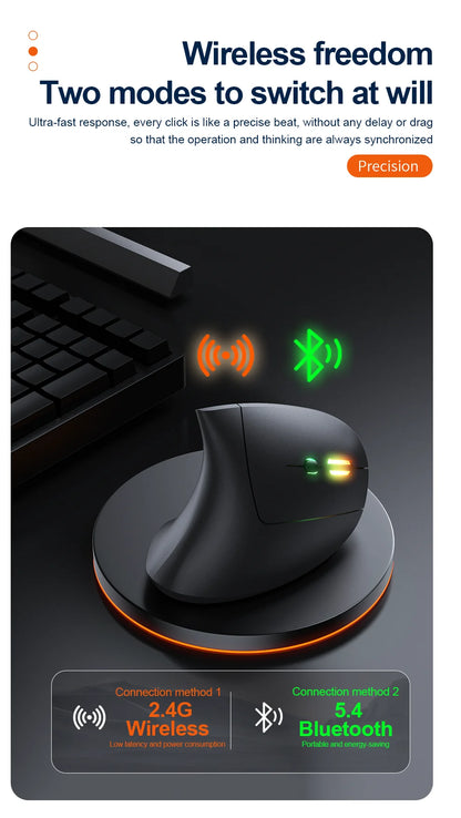 2.4G Bluetooth vezeték nélküli függőleges egér, újratölthető, ergonomikus, 1600DPI állítható gaming egér, 6 gombos, laptophoz, PC-hez és számítógéphez