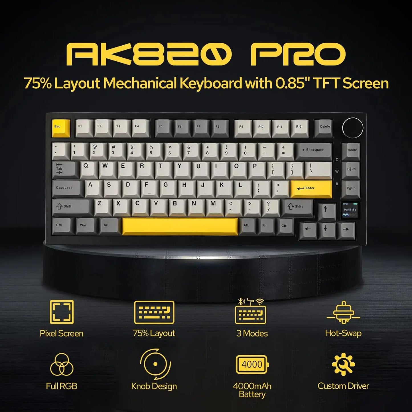 AK820 PRO AJAZZ 0.85TFT Screen Mechanical Keyboard Custom GlF image 3 Modes Hot-Swap