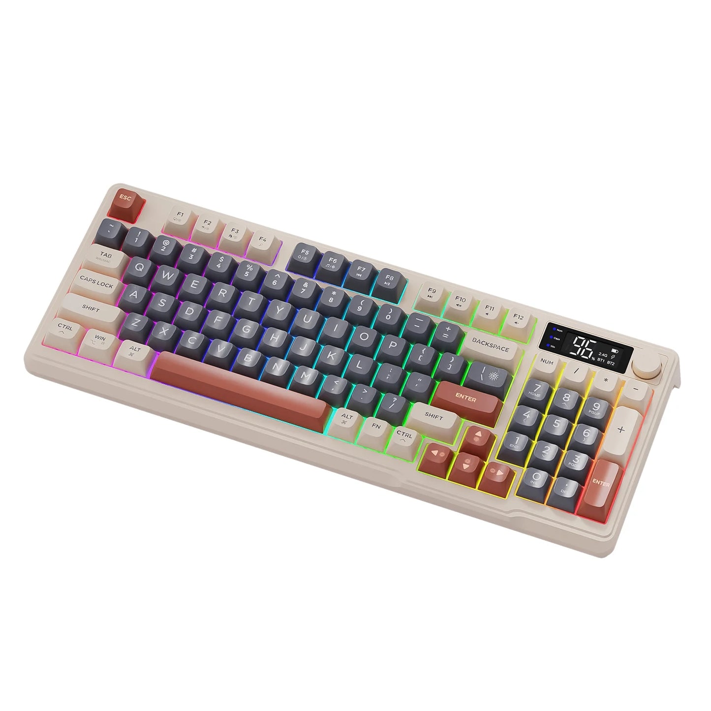 Tastiera wireless Bluetooth M96 FREEWOLF con display digitale, retroilluminazione RGB, batteria da 2000mAh e keycap PBT per PC/laptop