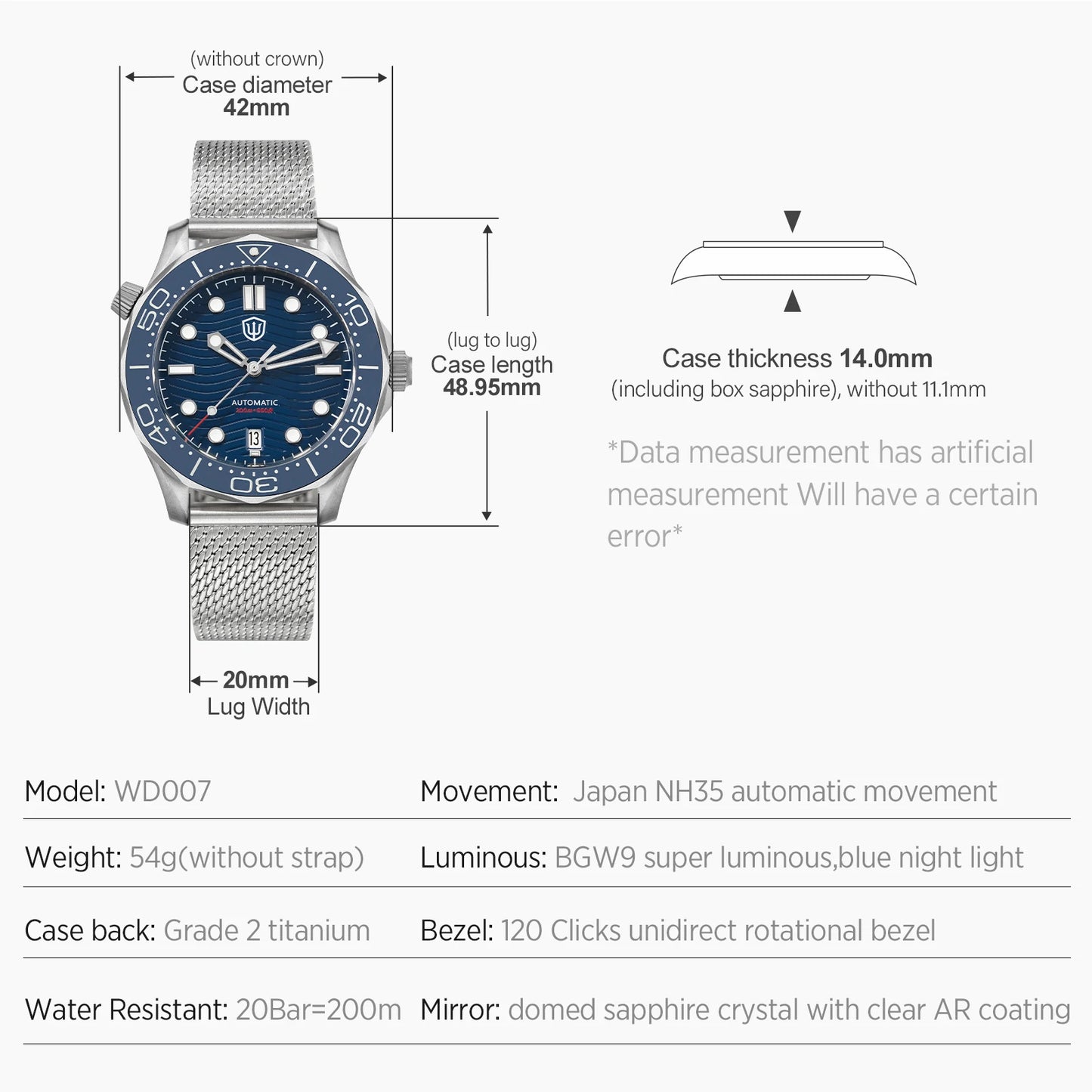 Watchdives WD007 V4 Titanium NTTD Dive Watch PT5000 Automatic Movement Sapphire Super Luminous Domed Crystal 42mm Men Watches