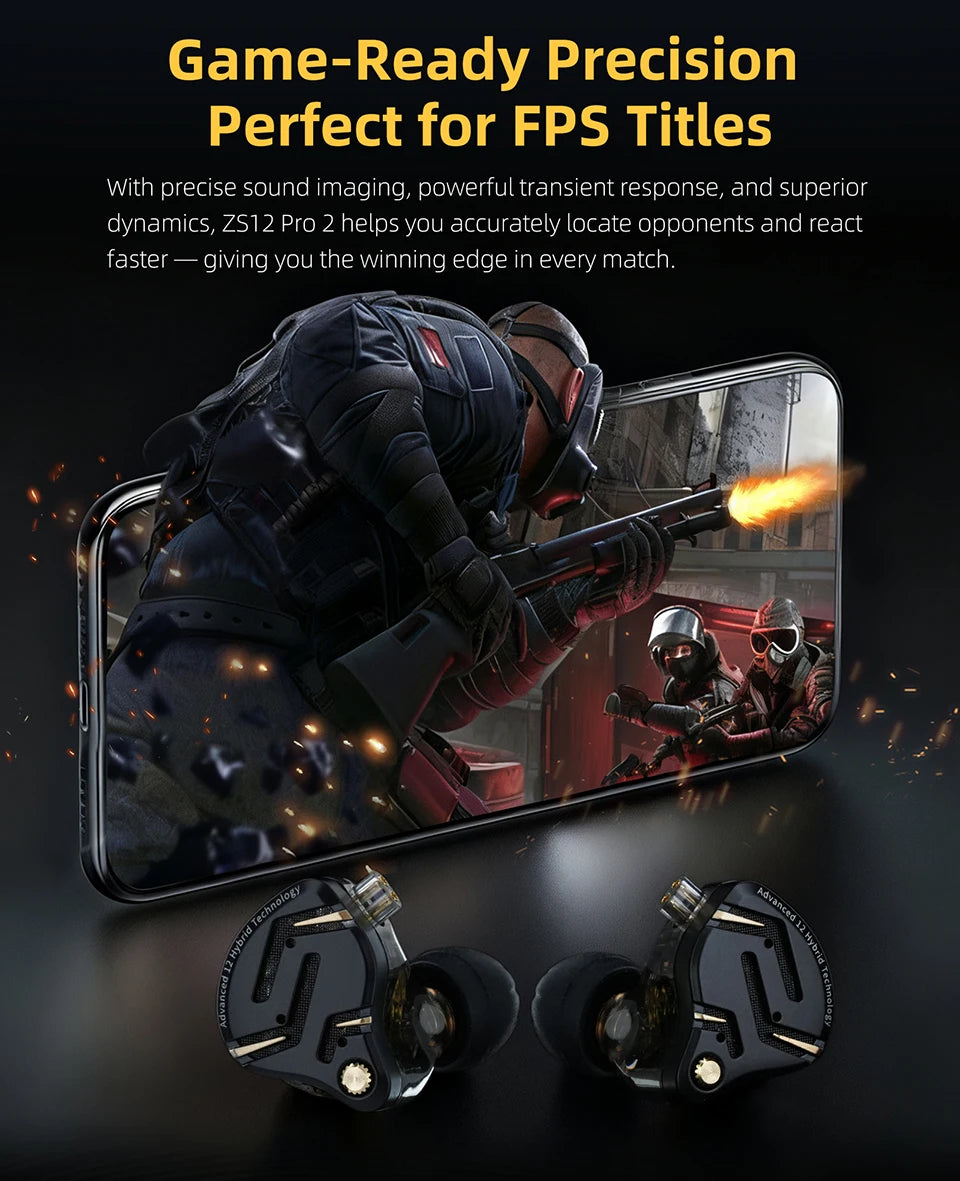 KZ ZS12 PRO 2 Hybrid IEM Earphones – HiFi Bass Wired Gaming Earbuds with Super-Linear Drivers