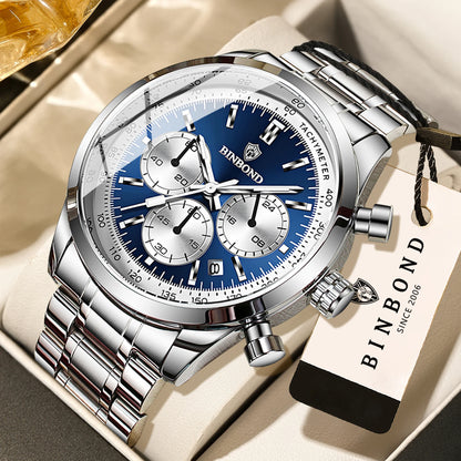 Ceas cu cuarț BINBOND pentru bărbați, elegant, robust și precis, cu dată automată, cronograf, lumină de fundal și rezistent la apă. Stil casual.